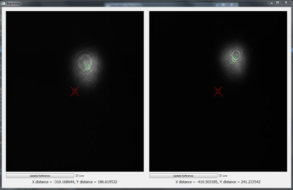 [3] Screenshot of the BeamDelta user interface. The red cross marks the location of the centroid to be aligned to (the “reference centroid“). The green cross marks the location of the current centroid.