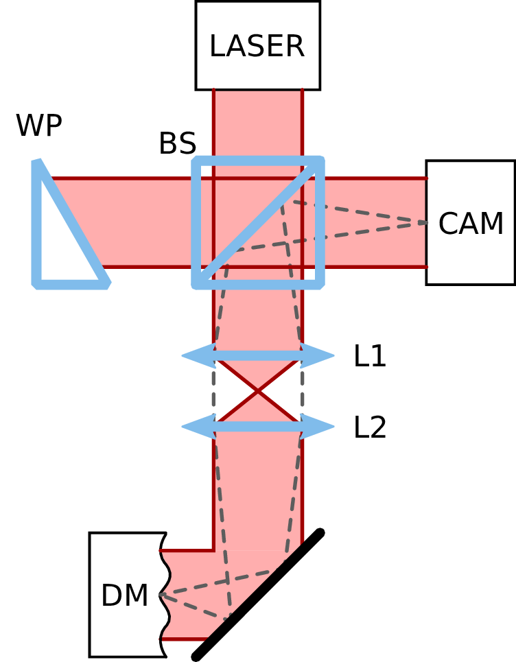 Figure 7: Layout of the compact slot-in interferometer. A wedge prism (WP) is used instead of a flat mirror to reduce the necessary angular offset between the reference and test arms of the interferometer.