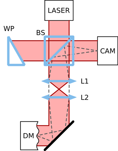 Figure 7: Layout of the compact slot-in interferometer. A wedge prism (WP) is used instead of a flat mirror to reduce the necessary angular offset between the reference and test arms of the interferometer.
