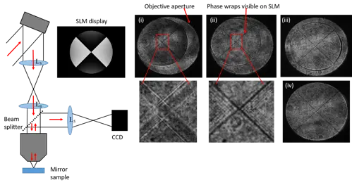 Figure 3: One possible experimental configuration for aligning the SLM and objective lens. A mirror sample is inserted beneath the objective lens. As the laser passes back through the objective, a beam splitter is positioned to direct light towards a CCD. (i) A single lens L5 is used to form an image of the hard edge of the objective aperture on the CCD. (ii) The SLM is axially repositioned, or the tube lenses L3 and L4 adjusted until the SLM is also in focus (the phase wraps on the SLM display cause diffraction and are hence visible as intensity modulation in the image). (iii) The position of SLM and/or objective perpendicular to the optic axis is then adjusted until the SLM pattern is centred on the objective aperture. (iv) The size of the active area on the SLM display is adjusted (in the SLM software) until it matches the objective aperture.